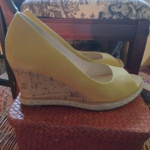 Cole Haan Jocelyn: Yellow Platform Peeptoe Espadrille Wedges with Cork Heel.